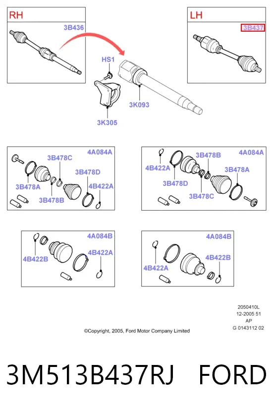 Półoś napędowa przednia lewa 3M513B437RJ Ford