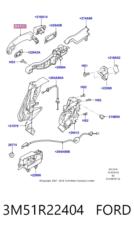 Klamka drzwi przednich zewnętrzna lewa 3M51R22404 Ford