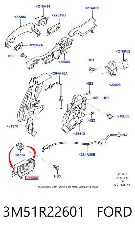 Klamka drzwi przednich wewnętrzna lewa 3M51R22601 Ford