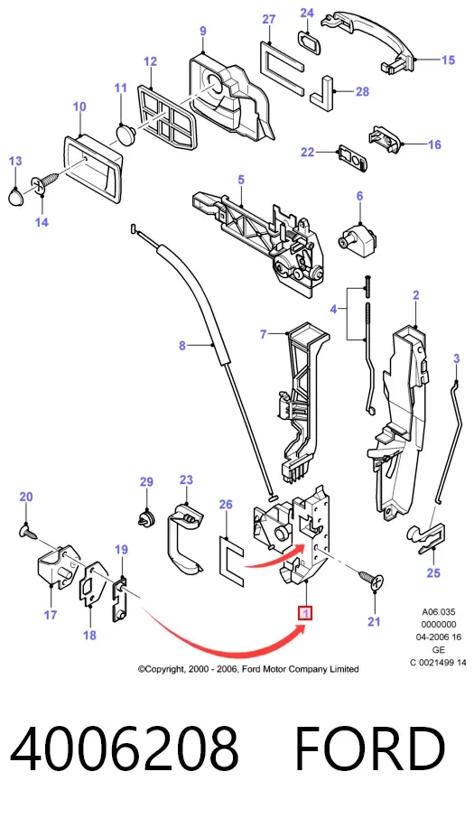 Zamek drzwi przednich prawych 4006208 Ford