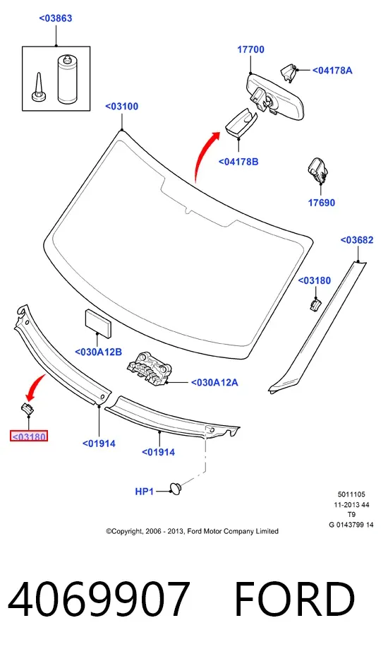 Spinka mocowania listwy ochronnej szyby przedniej 4069907 Ford
