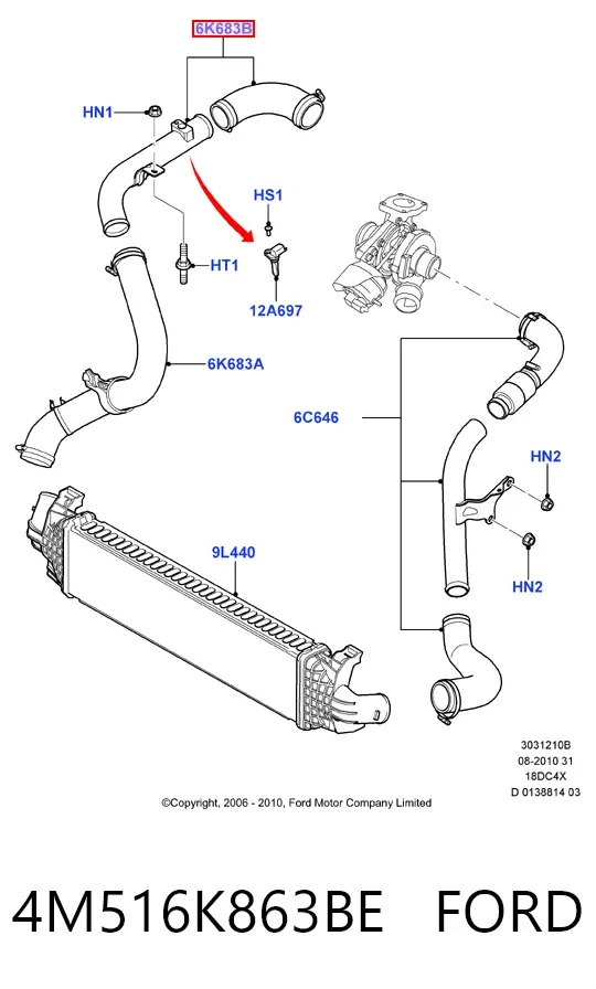 Króciec powietrza, wylot z turbiny (doładowanie) 4M516K863BE Ford