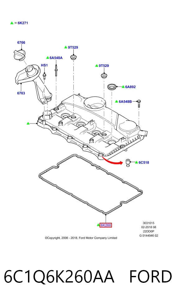 Uszczelka pokrywy zaworowej silnika 6C1Q6K260AA Ford