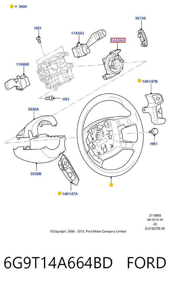 Pierścień kontaktowy AIRBAG, taśma kierownicy 6G9T14A664BD Ford