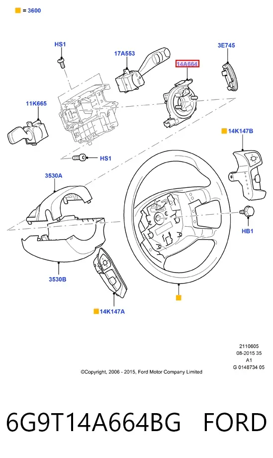 Pierścień kontaktowy AIRBAG, taśma kierownicy 6G9T14A664BG Ford