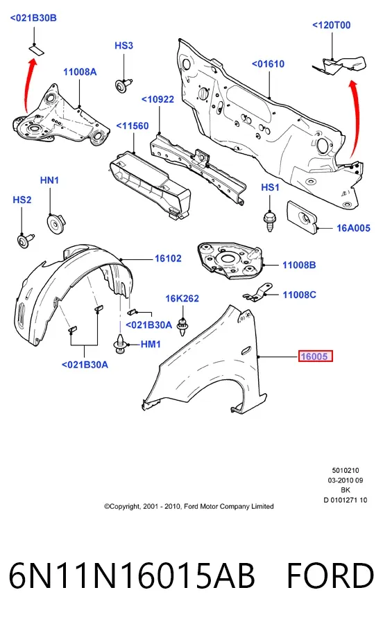 Błotnik przedni prawy 6N11N16015AB Ford