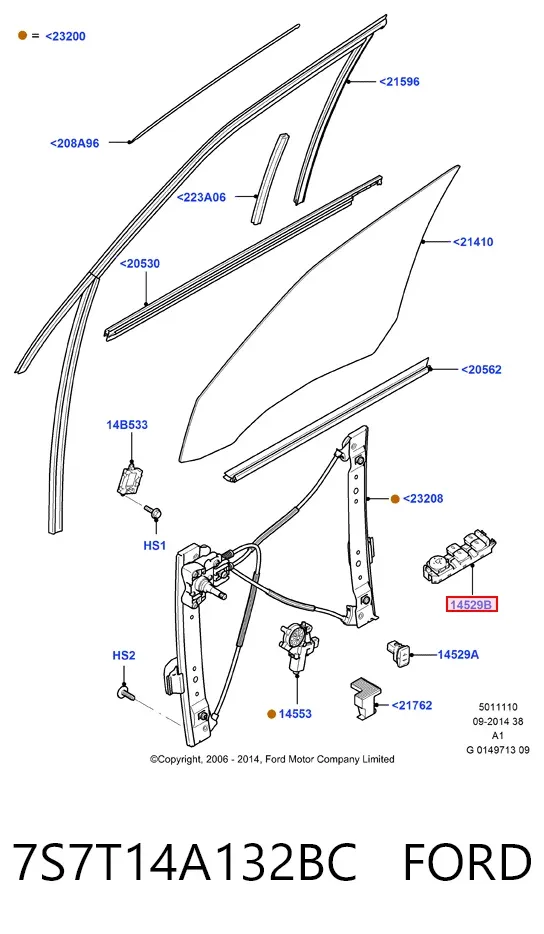 Panel przyciskowy sterowania podnośnikiem szyby przedni lewy 7S7T14A132BC Ford