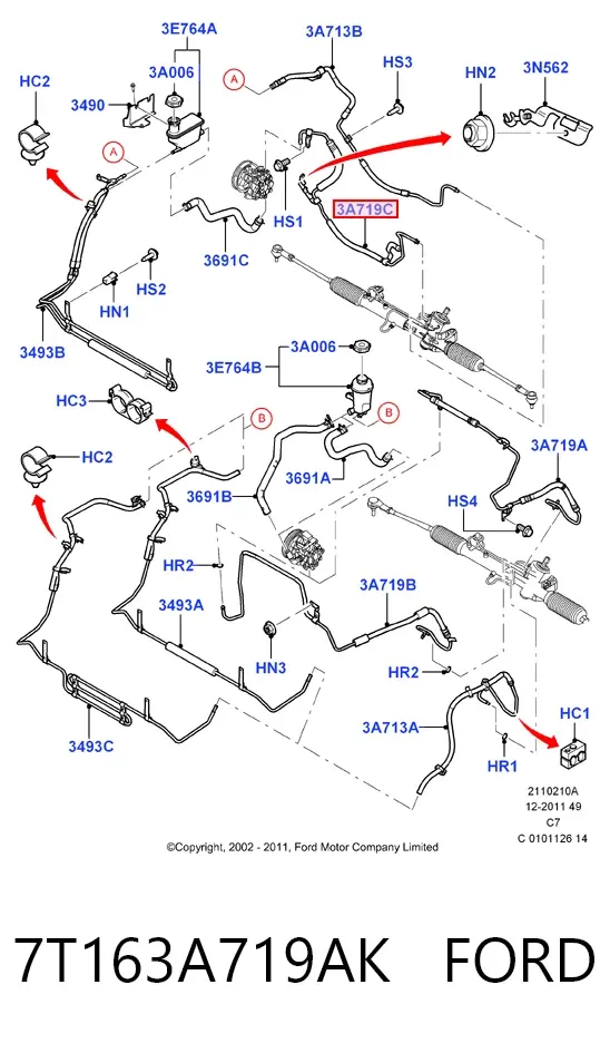 Przewód hydraulicznego układu wspomagania wysokiego ciśnienia, od pompy do maglownicy (mechanizmu) 7T163A719AK Ford