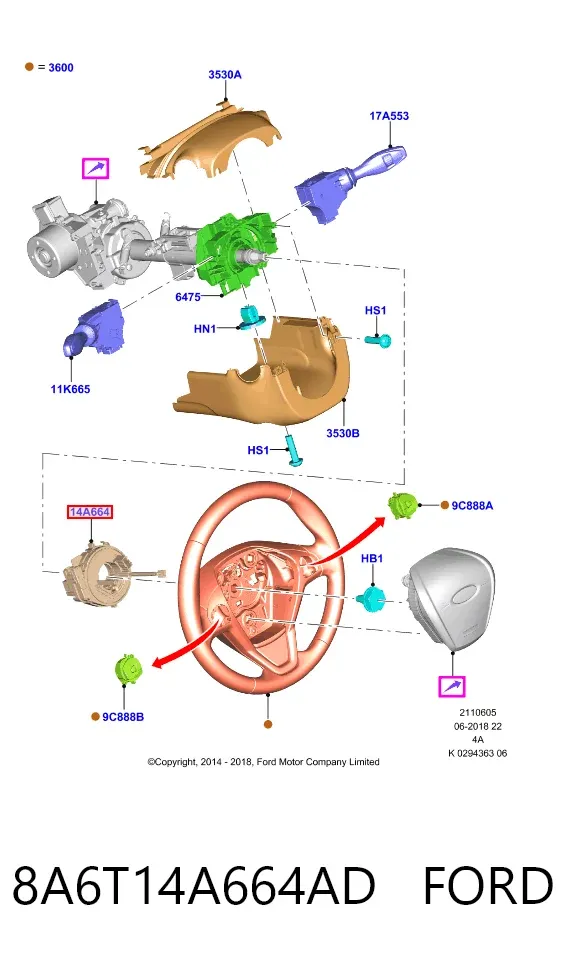 Pierścień kontaktowy AIRBAG, taśma kierownicy 8A6T14A664AD Ford