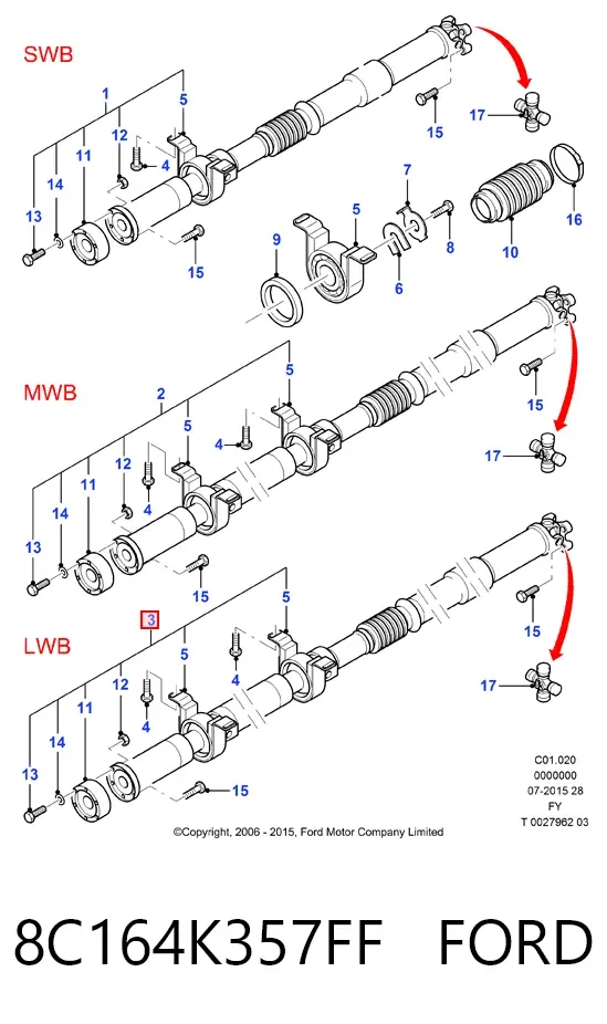 Wał Cardana tylny, kompletny 8C164K357FF Ford