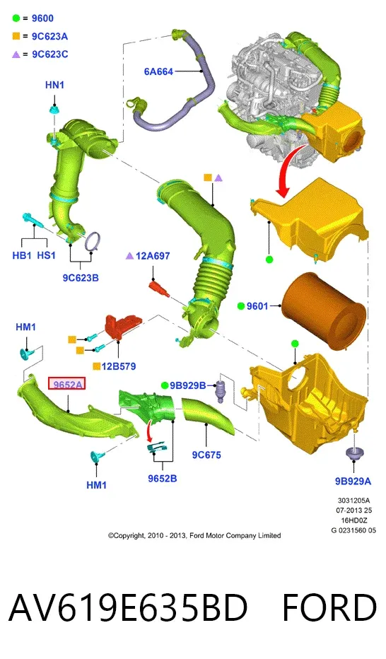 Wlot powietrza do filtra powietrza AV619E635BD Ford