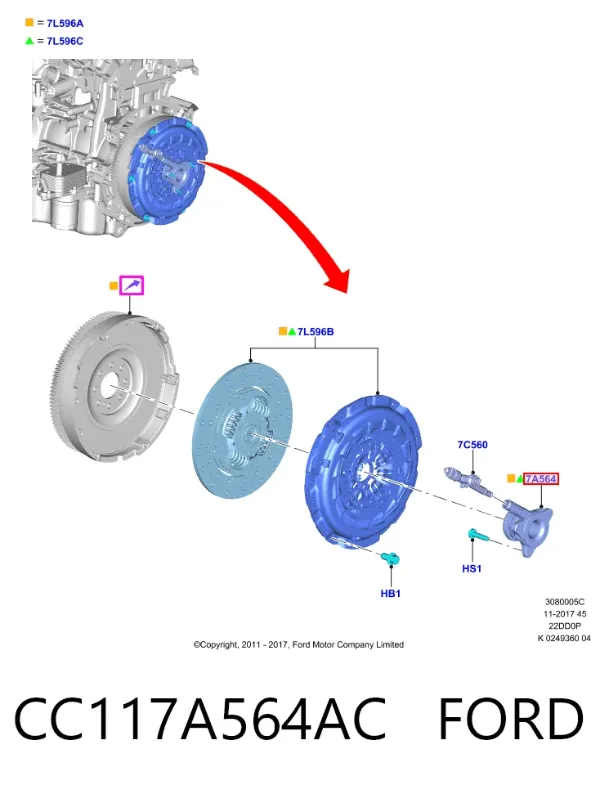 Cylinder roboczy sprzęgła (wysprzęglik) w komplecie z łożyskiem wyciskowym CC117A564AC Ford