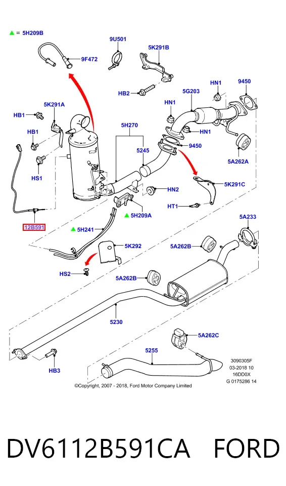 Czujnik temperatury spalin, przed katalizatorem DV6112B591CA Ford
