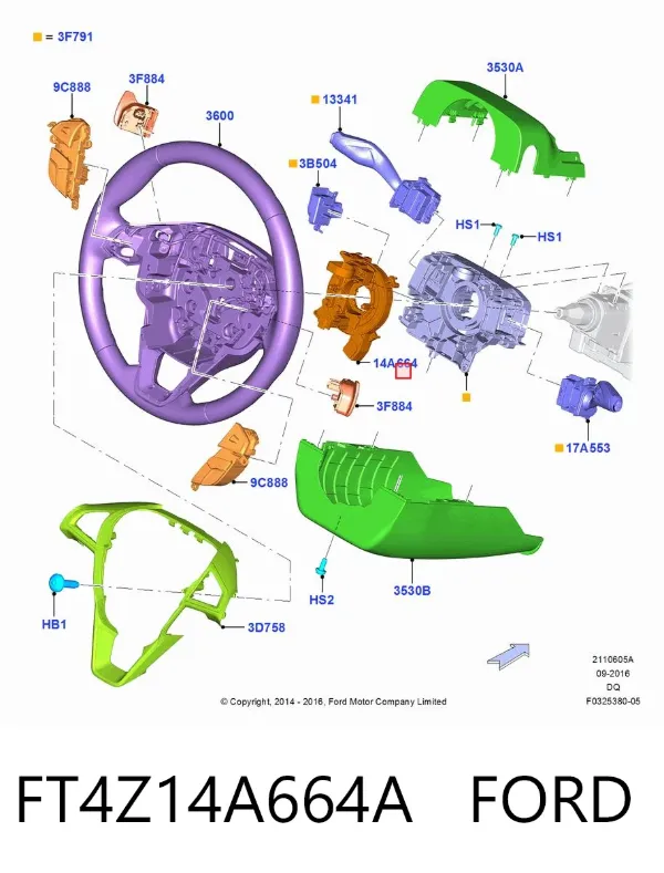 Pierścień kontaktowy AIRBAG, taśma kierownicy FT4Z14A664A Ford