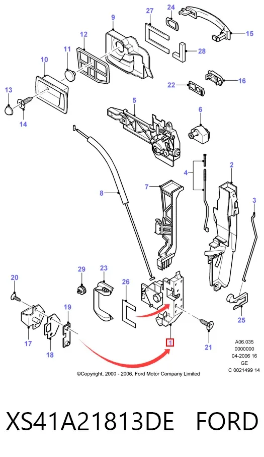 Zamek drzwi przednich lewych XS41A21813DE Ford