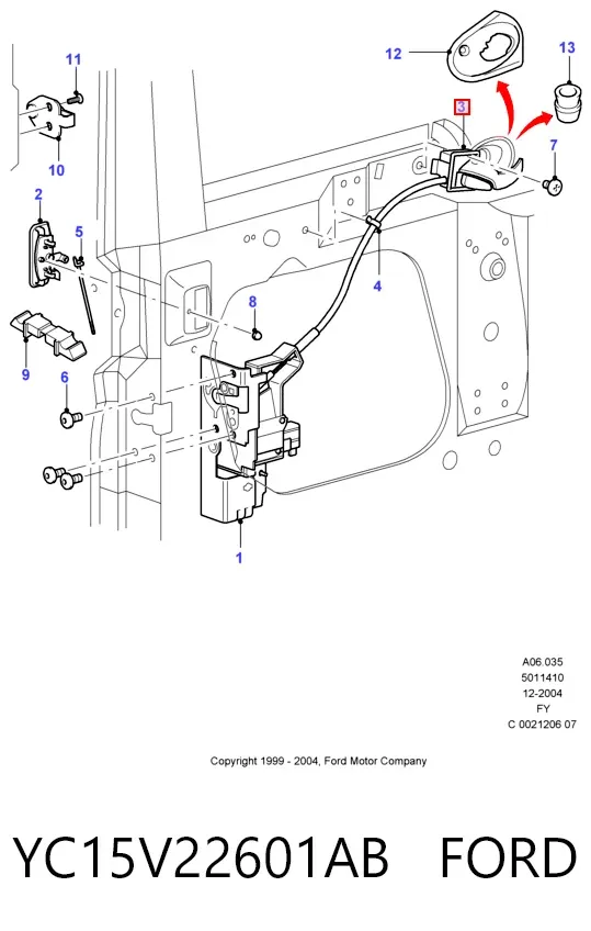 Klamka drzwi przednich wewnętrzna lewa YC15V22601AB Ford
