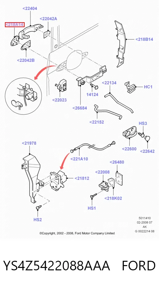 Klamka drzwi przednich zewnętrzna lewa YS4Z5422088AAA Ford