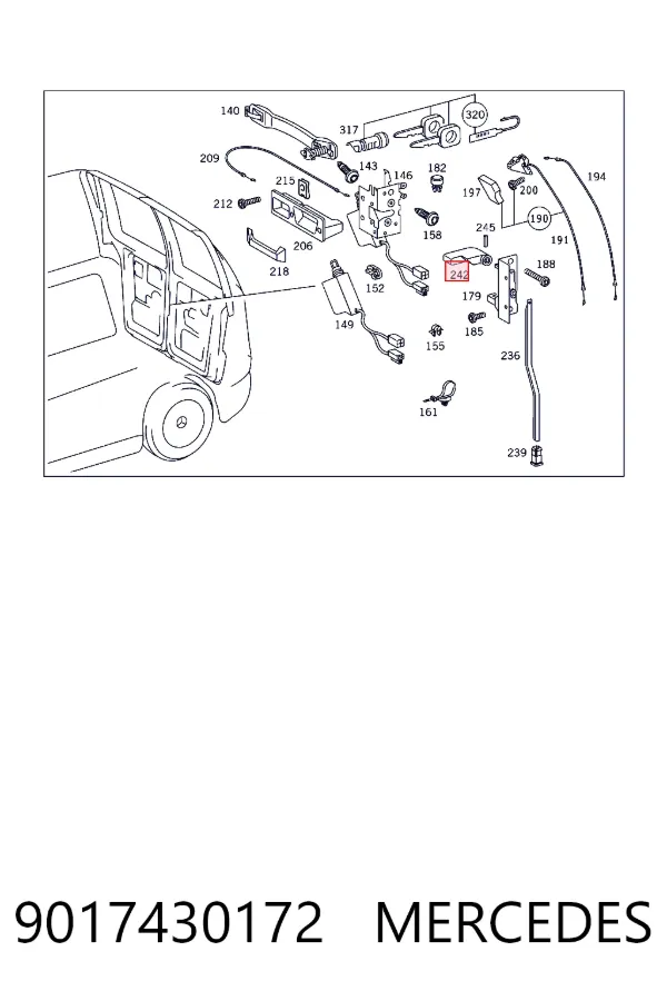 Klamka drzwi tylnych (skrzydłowych) lewa wewnętrzna 9017430172 Mercedes