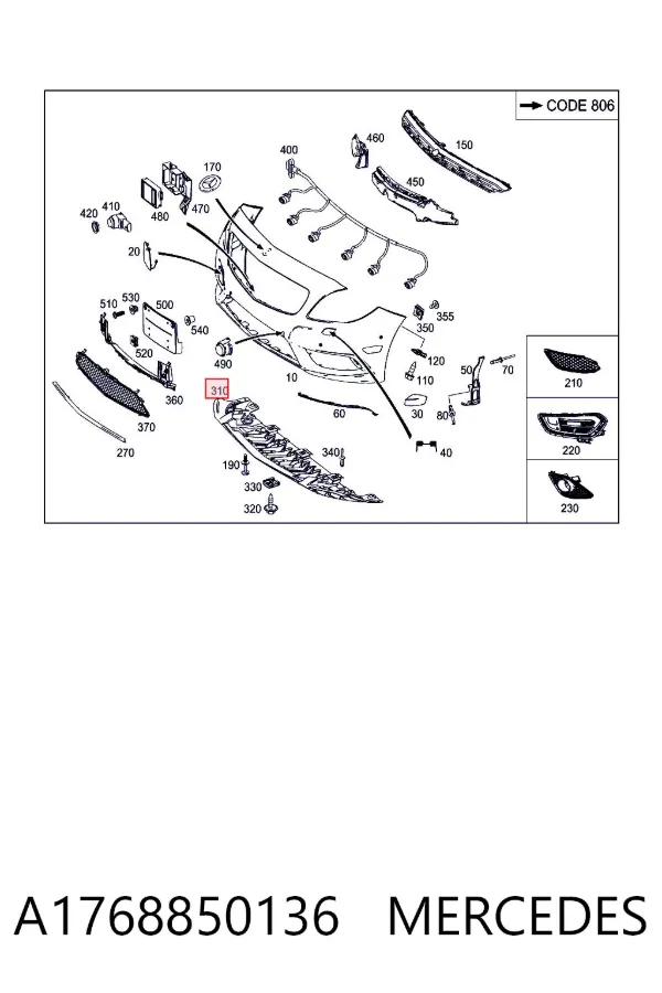 Osłona zderzaka przedniego A1768850136 Mercedes