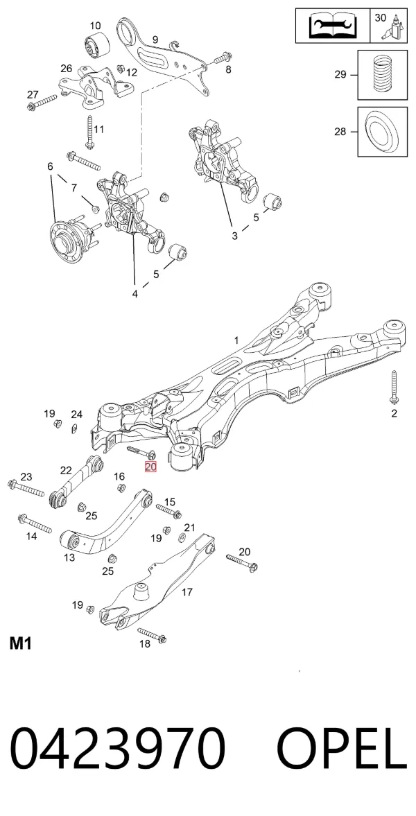 Śruba regulacji tylnego wahacza (dla zbieżności), wewnętrzny 0423970 Opel