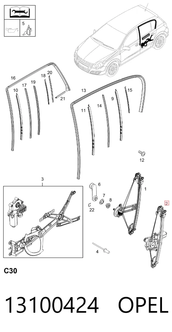 Mechanizm podnoszenia szyby drzwi tylnych prawych 13100424 Opel