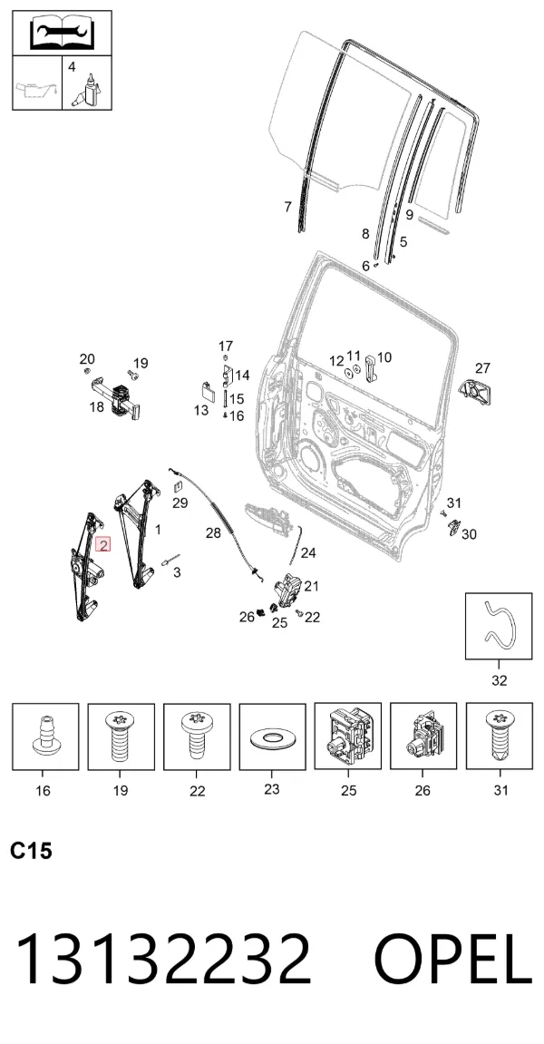 Mechanizm podnoszenia szyby drzwi tylnych prawych 13132232 Opel