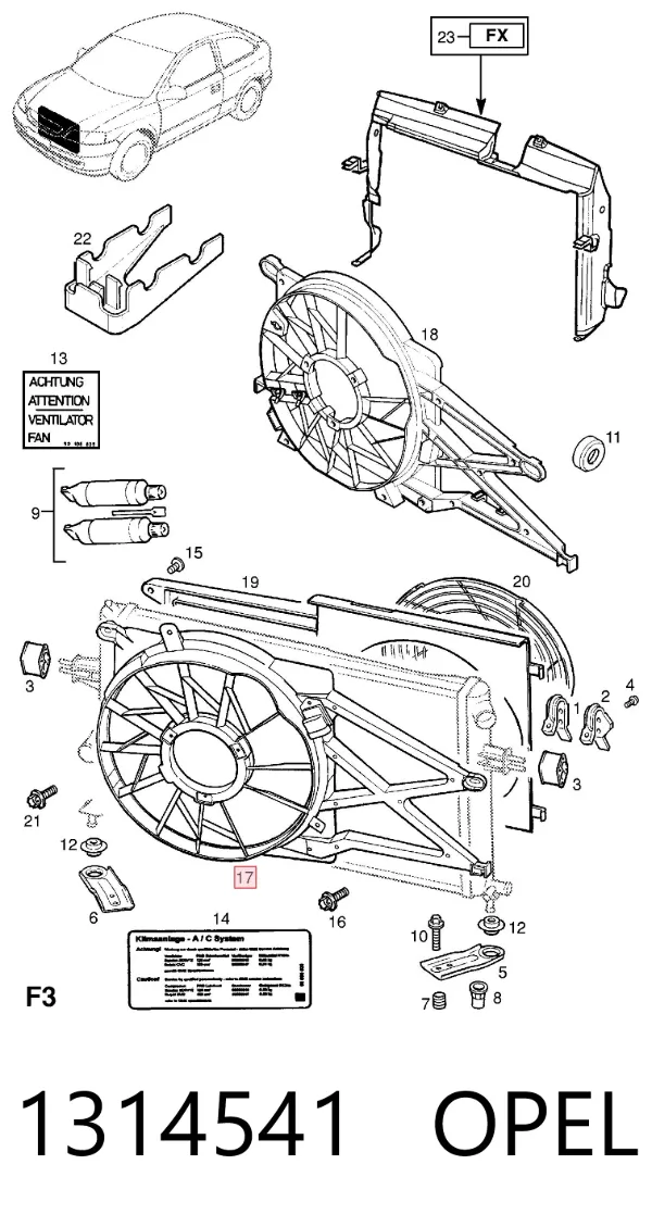 Dyfuzor chłodnicy, w komplecie z silnikiem i wirnikiem 1314541 Opel