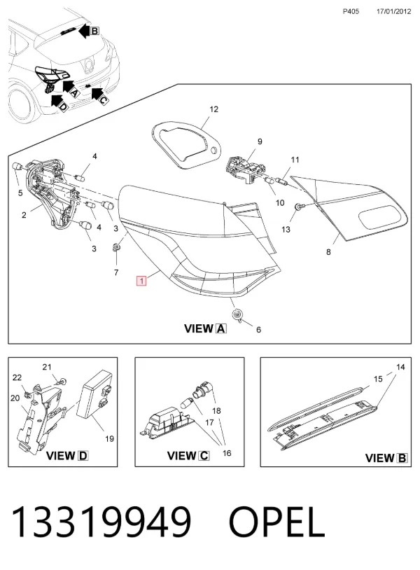 Lampa zespolona tylna lewa zewnętrzna 13319949 Opel