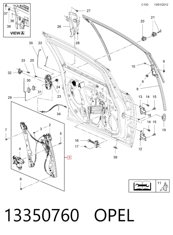 Mechanizm podnoszenia szyby drzwi przednich prawych 13350760 Opel