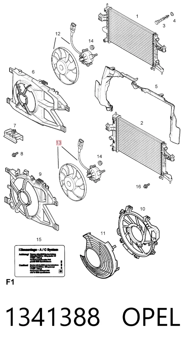 Wentylator elektryczny układu chłodzenia kompletny (silnik+wirnik) 1341388 Opel