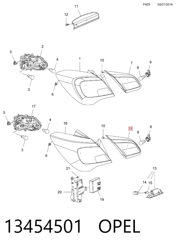 Lampa zespolona tylna prawa wewnętrzna 13454501 Opel