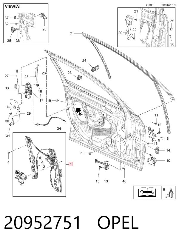Mechanizm podnoszenia szyby drzwi przednich prawych 20952751 Opel