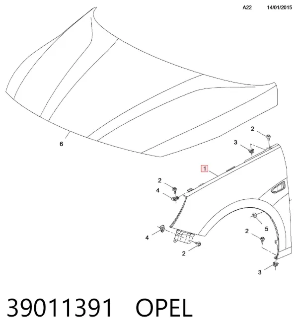 Błotnik przedni prawy 39011391 Opel