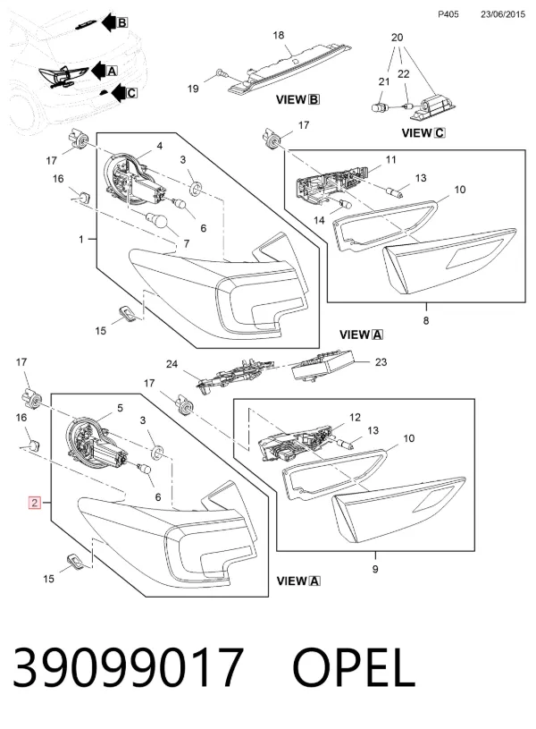 Lampa zespolona tylna prawa zewnętrzna 39099017 Opel