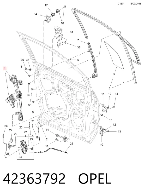 Mechanizm podnoszenia szyby drzwi przednich lewych Opel Mokka I