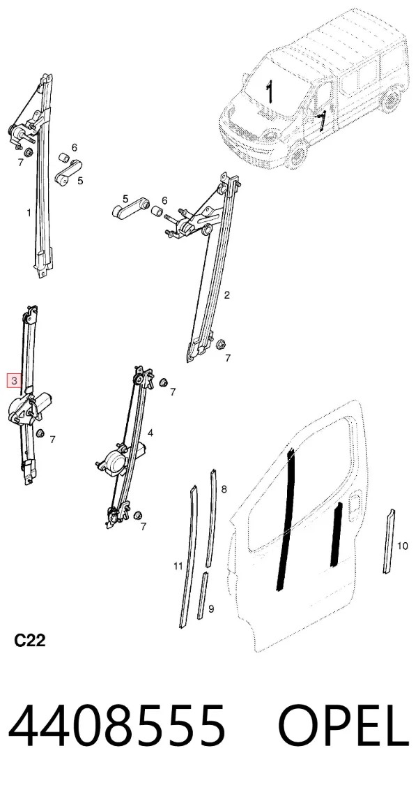 Mechanizm podnoszenia szyby drzwi przednich prawych 4408555 Opel
