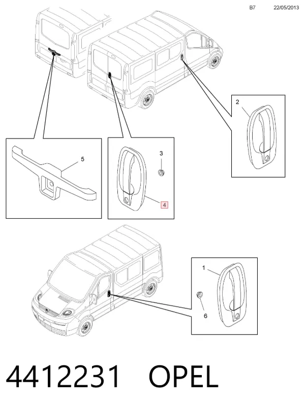 Klamka drzwi tylnych skrzydłowych prawa zewnętrzna 4412231 Opel