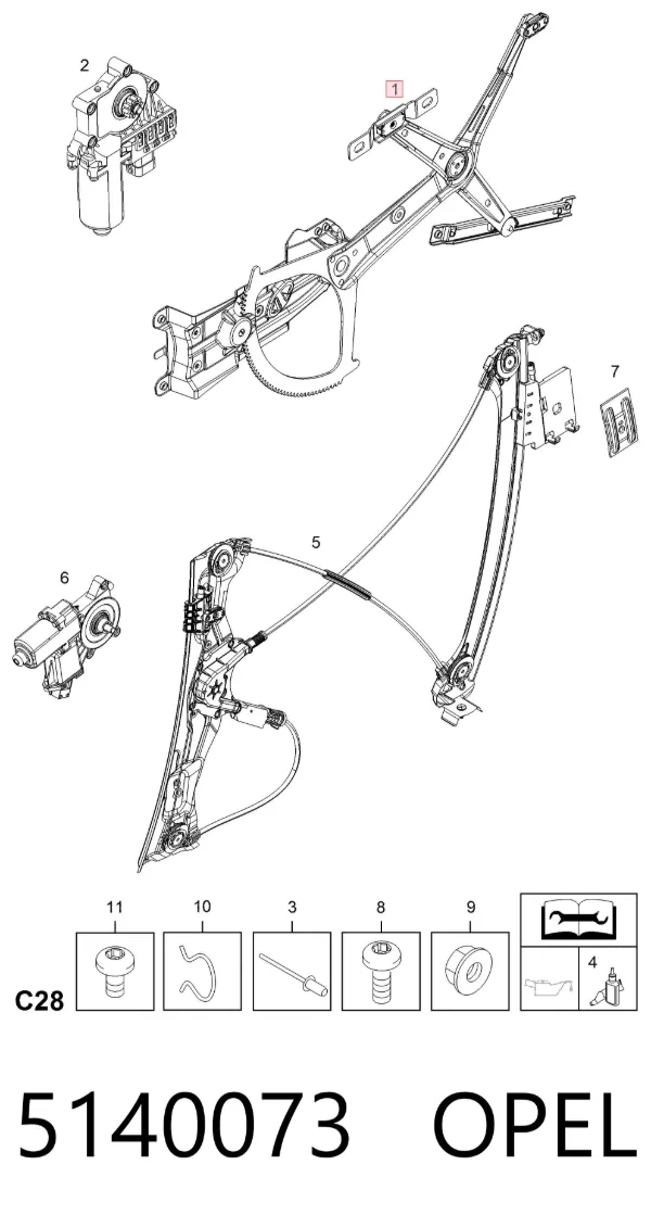 Mechanizm podnoszenia szyby drzwi przednich lewych 5140073 Opel