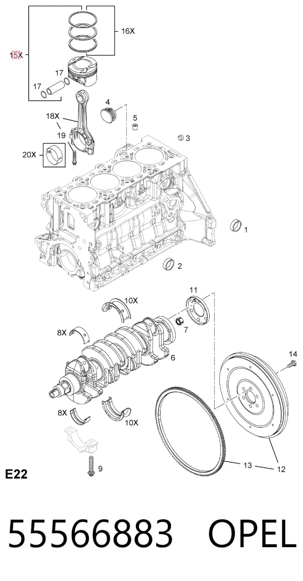 Tłok, komplet do jednego cylindru, STD 55566883 Opel