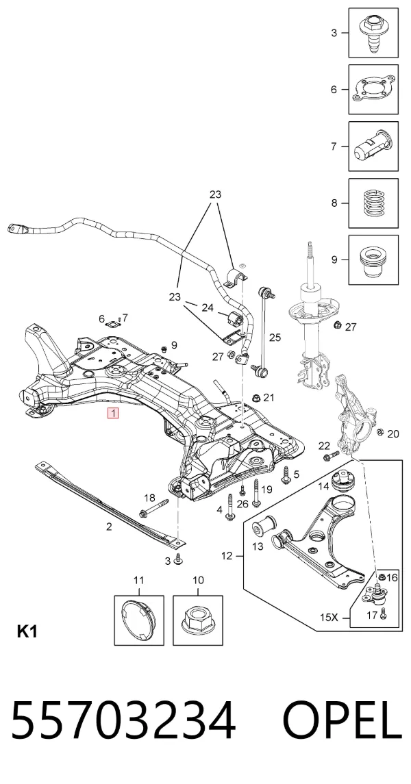 Korpus osi przedniej 55703234 Opel
