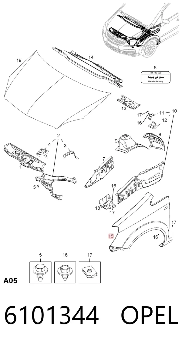 Błotnik przedni lewy 6101344 Opel