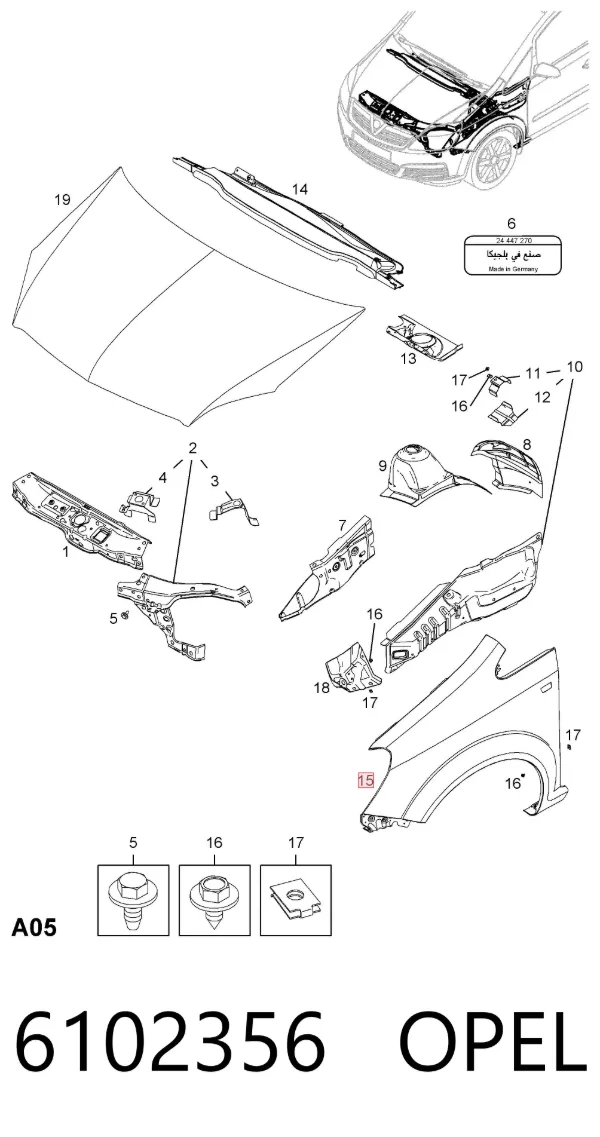 Błotnik przedni prawy 6102356 Opel