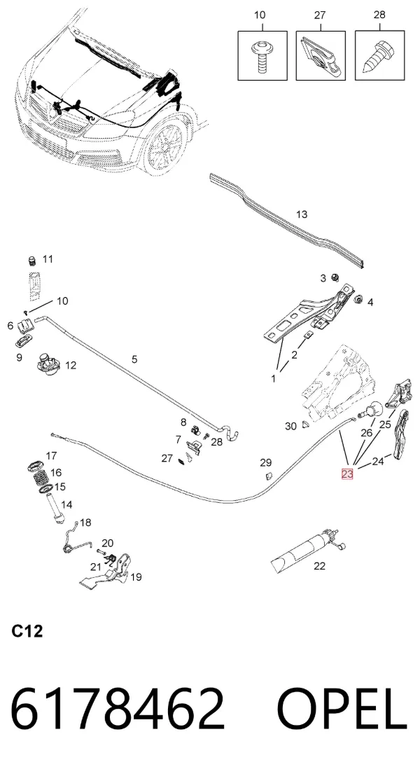 Linka otwierania maski 6178462 Opel