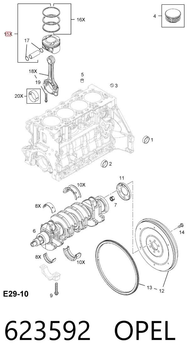 Tłok, komplet do jednego cylindru, STD 623592 Opel