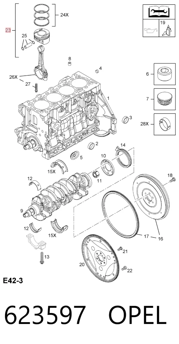 Tłok, komplet do jednego cylindru, STD 623597 Opel