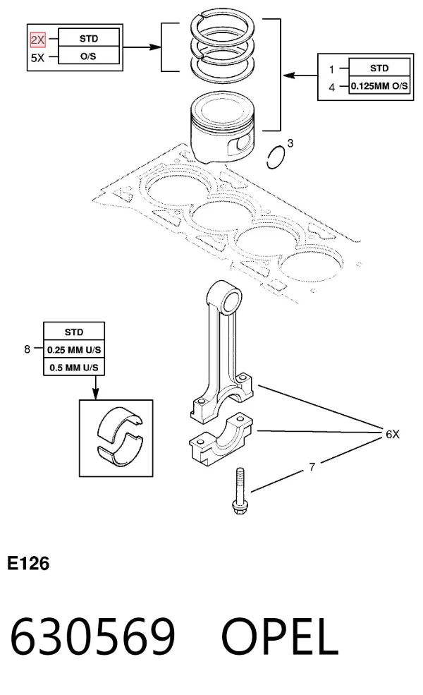Pierścienie tłokowe na 1 cylinder, STD. 630569 Opel