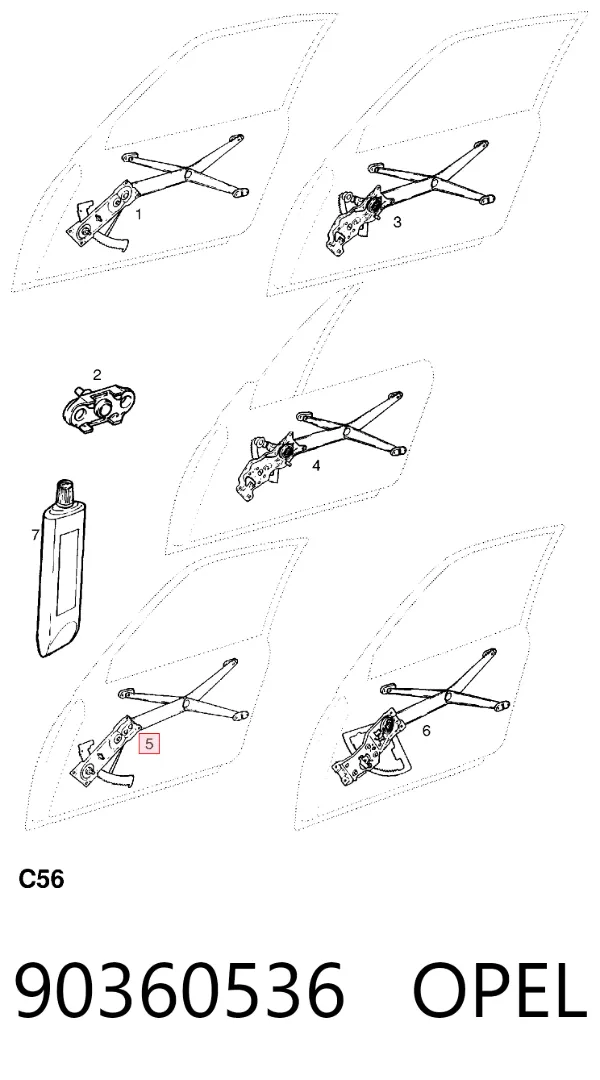 Mechanizm podnoszenia szyby drzwi przednich prawych 90360536 Opel