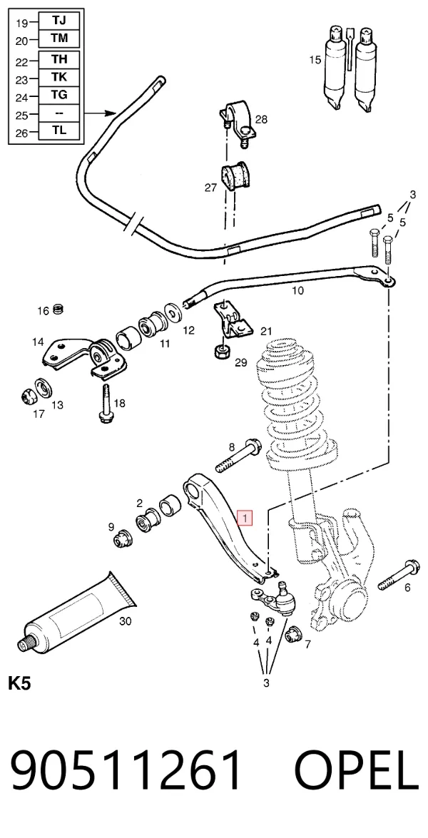 Wahacz zawieszenia przedniego dolny prawy 90511261 Opel