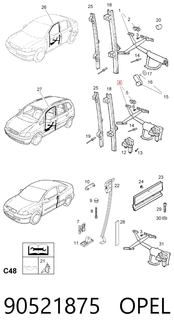 Mechanizm podnoszenia szyby drzwi przednich lewych 90521875 Opel