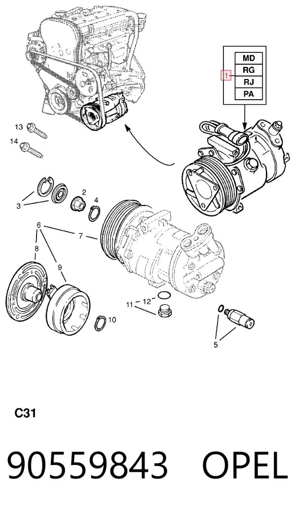 Sprężarka klimatyzacji 90559843 Opel